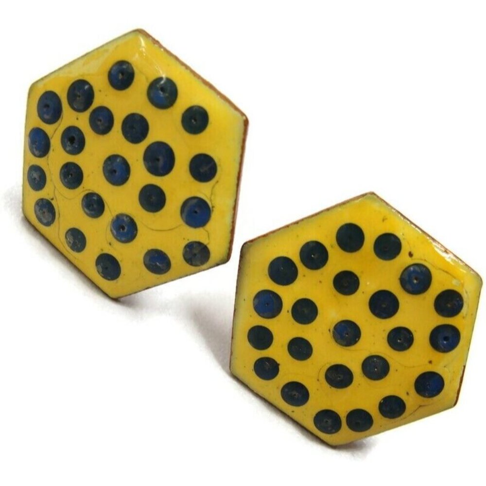 Yellow Dots Enamel Copper Cufflinks Shirt Accessories Wedding Vintage